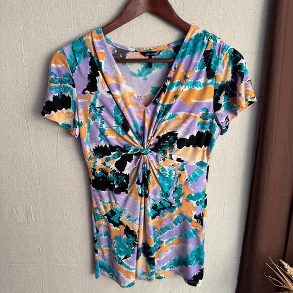 Daisy Fuentes Blouse Size S Multicolor Abstract Paint Print V-Neck Short Sleeve - Picture 2 of 11